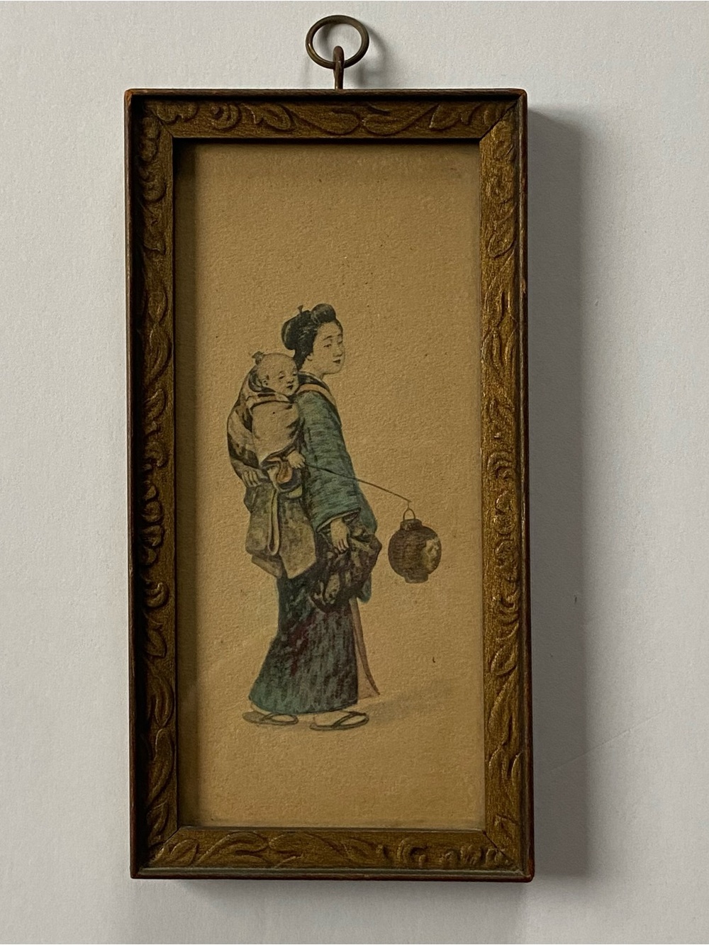 Japanese Mother Child Framed Painting Print Vintage! 6” X 3” Old Artwork Hanging